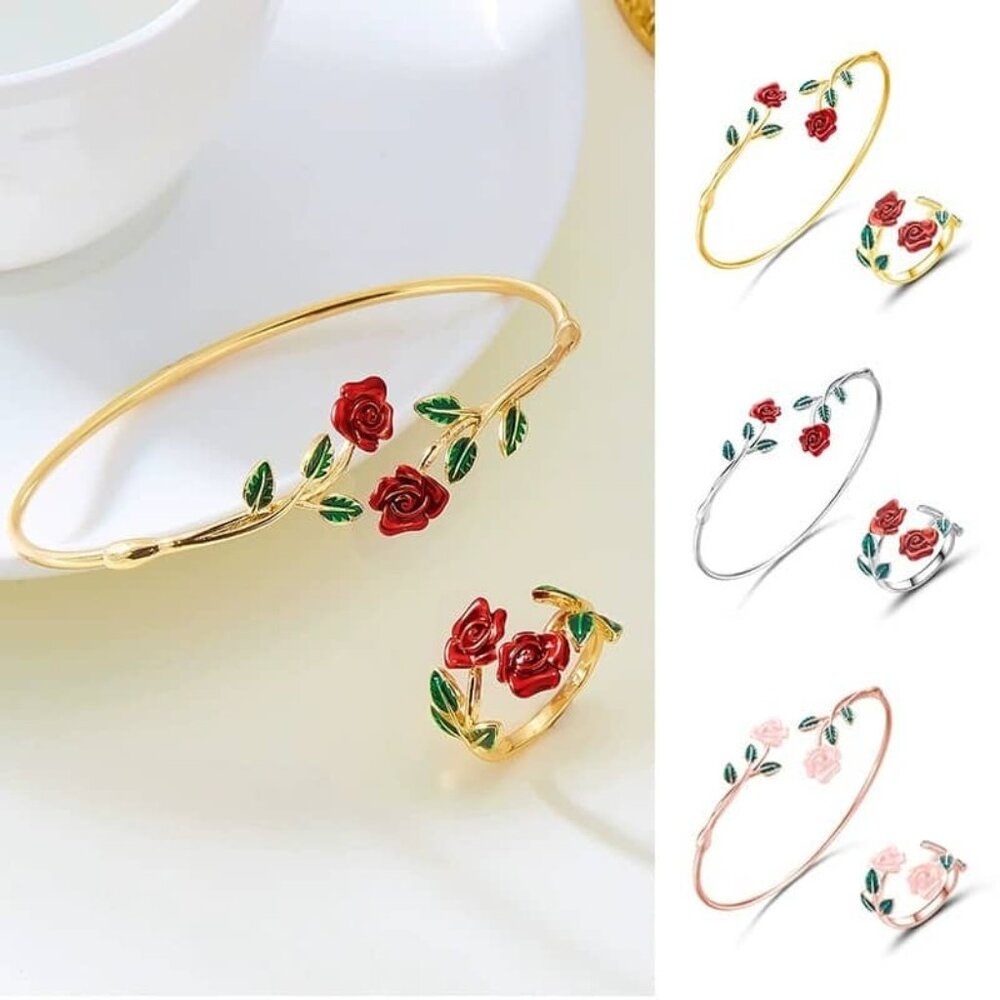 🌹 Rose Flower Jewelry Set ✨ Adjustable Bangle Bracelet & Ring Gift